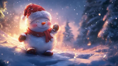 Smiling snowman in soft winter glow spreads cozy cheer.