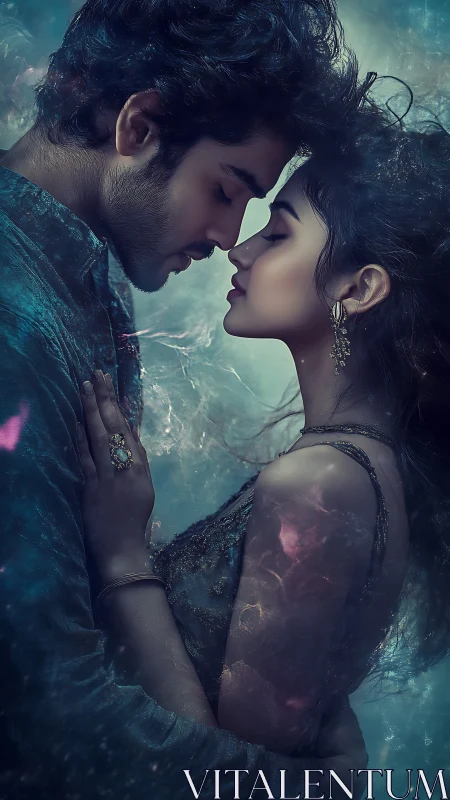 Intimate Embrace Under Ethereal Teal Luminescence.