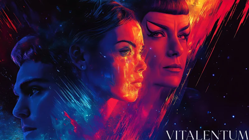 Triadic futuristic portraits in contrasting neon color fields.