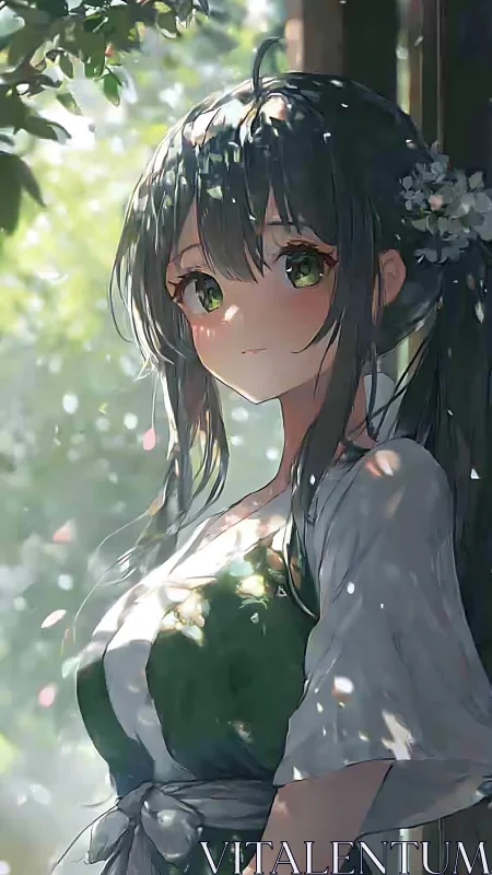 Forest veranda girl under dappled morning sunlight glow.