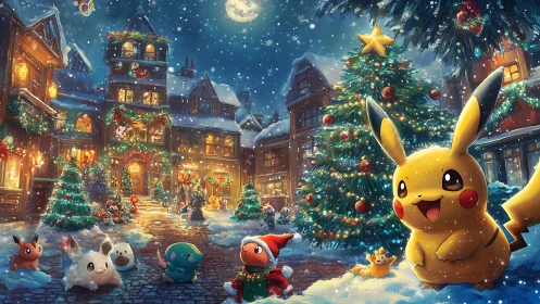 Pikachu leads snowy holiday village under glowing moon