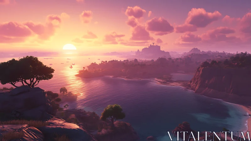 Coastal Sunset Landscape with Mountainous Islands and Water Body