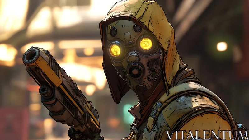 Hooded cybernetic gunman tracks target in neon alleyway.