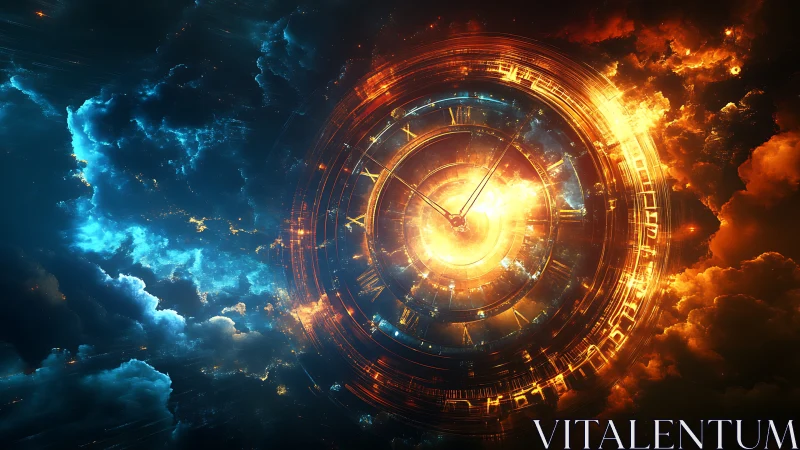 Luminous circular clock mechanism amid contrasting clouds.