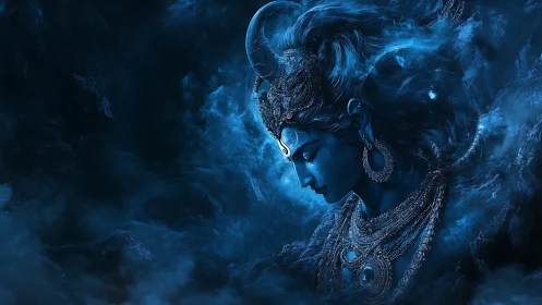 Blue-toned divine figure amid swirling atmospheric clouds.