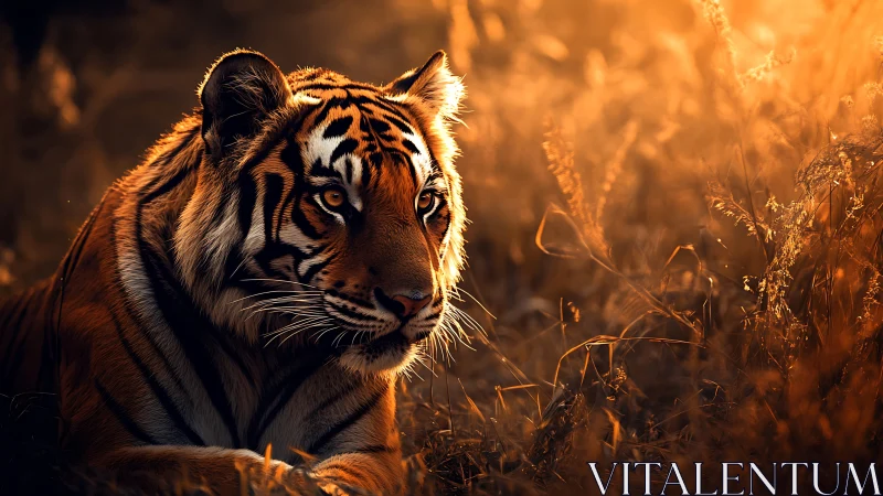 Photorealistic tiger portrait in golden backlit grassland field.