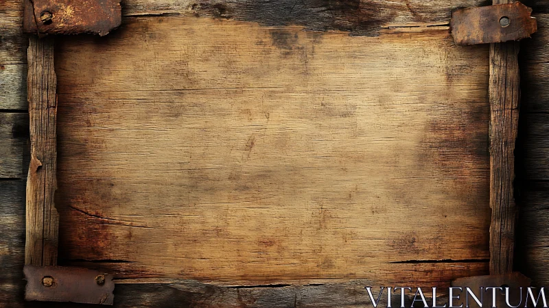 Weathered wooden plank frame with corroded steel brackets