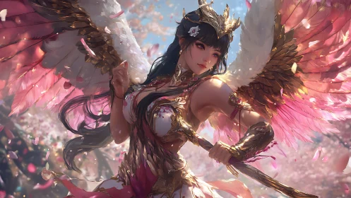 Winged warrior poised amid sakura petals in ornate armor