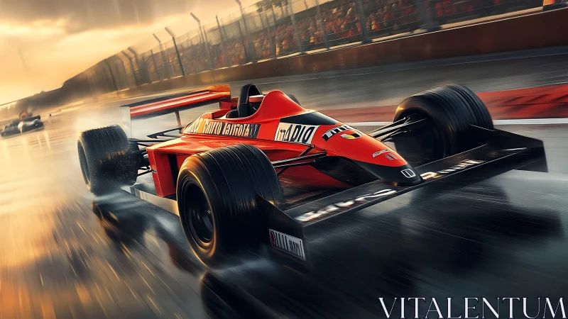 Red formula race car accelerates on wet circuit at sunset