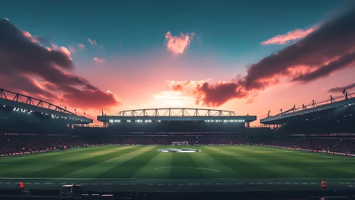 Football stadium under evening sky with illuminated stands.