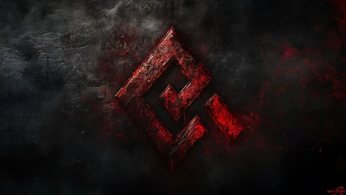 Crimson geometric emblem on distressed charcoal backdrop.