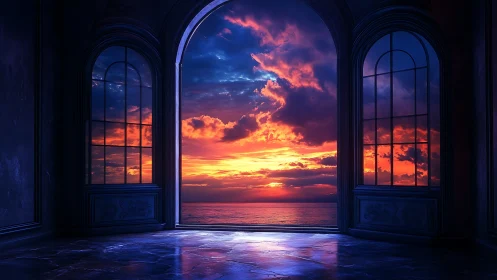 Sunset doorway where quiet waves meet glowing clouds.
