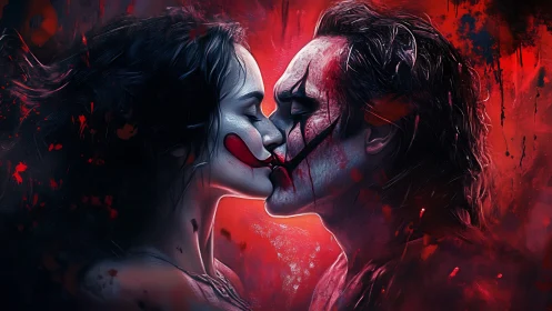 Neon-Lit Passion: Two Faces Merge in Glowing Red Light