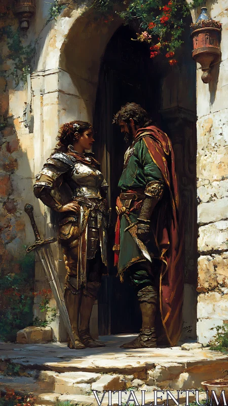 Armored dialogue at a weathered stone archway threshold.