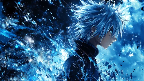 Ice-charged anime warrior amid explosive blue energy field.