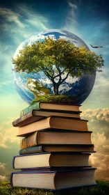 Stack of books holding Earth with tree against sky backdrop.