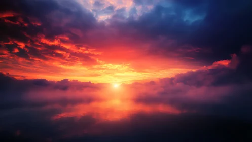 Blazing crimson sunset ignites clouds above calm water horizon.