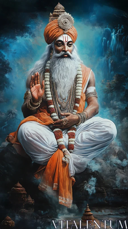 Meditative spiritual guru in orange robes floating serenely.