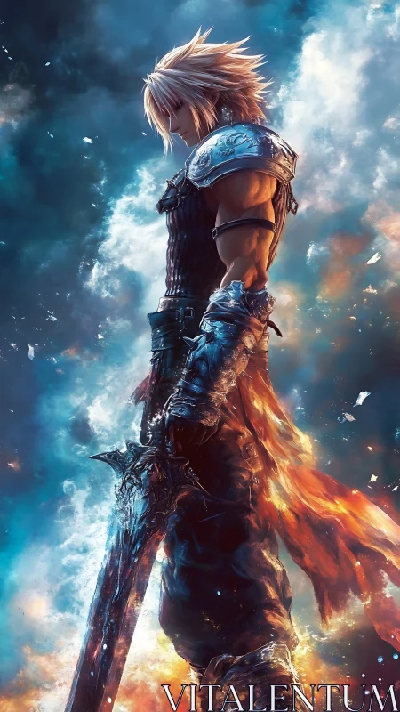 Stormlit warrior with flaming greatsword in profile stance.