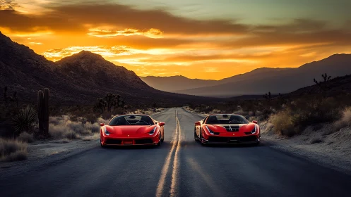 Twin scarlet supercars chase the last light of desert dusk.