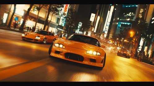 Orange sports cars racing through neon city streets at night.