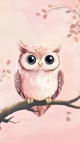 Big-eyed pastel owl perched amid drifting autumn leaves.