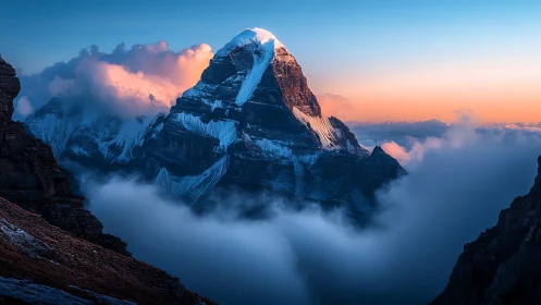 Snowy peak emerging through clouds at sunset light.