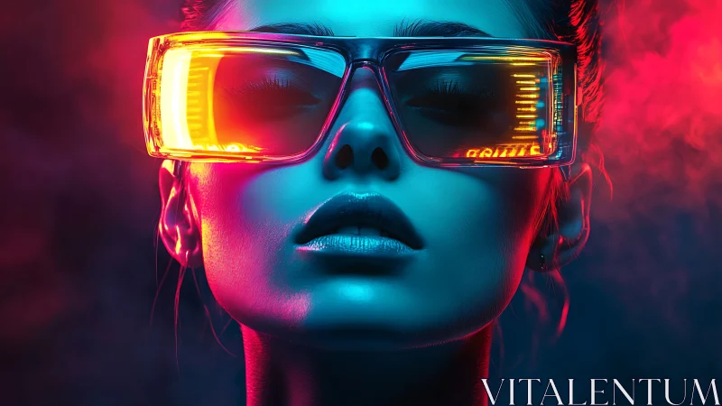 Neon-drenched cyber muse in luminous futuristic visor glow.