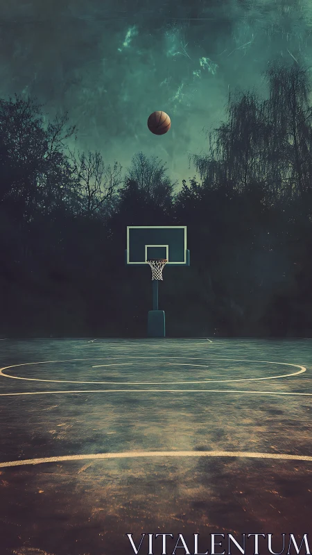 Solitary basketball arcs above empty dusk court in silence