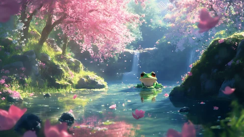 Frog rests in a luminous cherry blossom waterfall sanctuary.