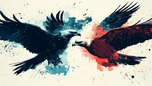 Two Eagles Colliding in Dynamic Abstract Watercolor Style.