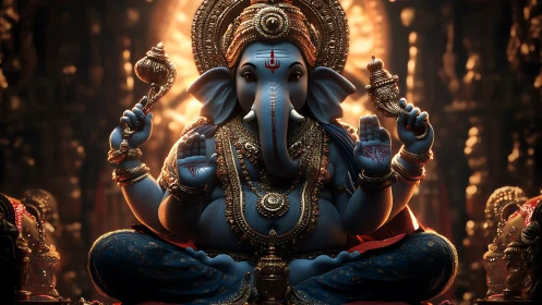 Divine Ganesha idol radiates warm golden temple light