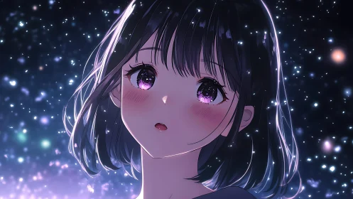 Starlit anime portrait with glossy bokeh and violet reflections