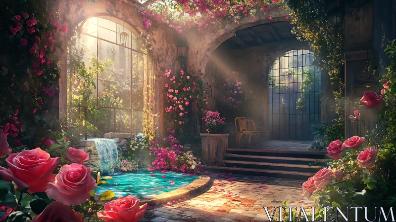 Sunlit Courtyard with Flowering Vines and Pool.