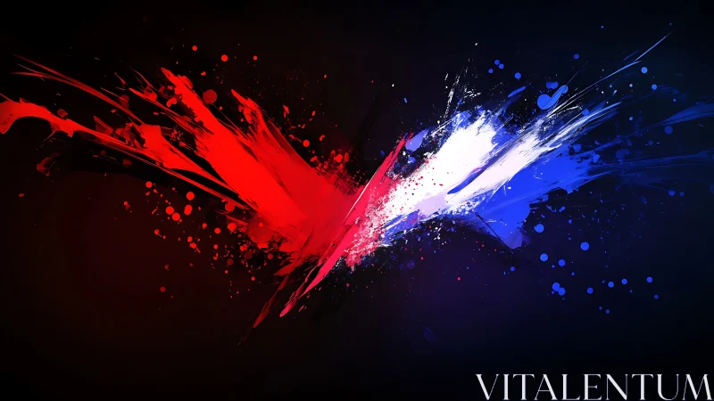 Red white and blue diagonal paint splashes on dark field.