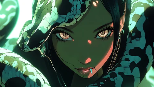 Serpent-eyed woman locks gaze beneath glowing scales.