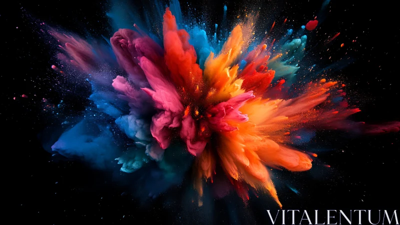 Explosive burst of multicolored powder on black background.