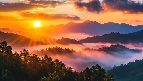 Sunrise over misty forested mountains with warm light rays.