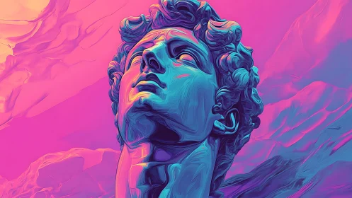 Neon-lit classical bust under gradient chromatic turbulence.
