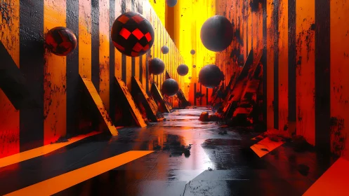 Geometric corridor of orange stripes and floating spheres.