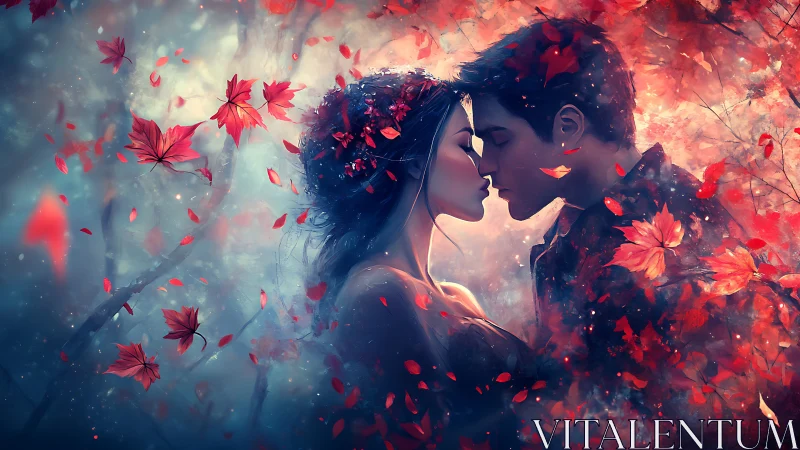 Romantic Silhouettes Embracing in Cascading Autumn Leaves.