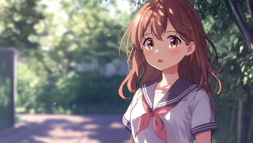 Sunlit schoolgirl pausing beneath leafy afternoon trees.