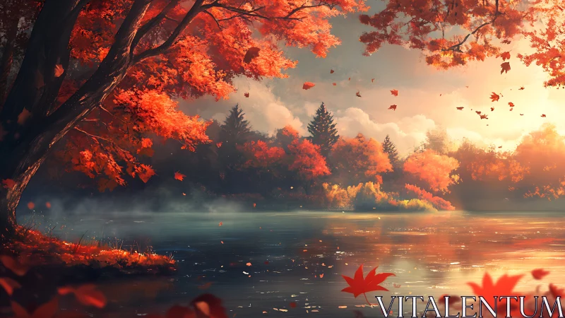 Radiant autumn forest glows beside a serene reflective lake.