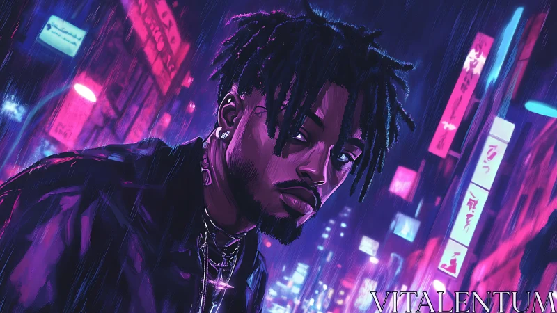 Stylized portrait shows figure in neon city street at night
