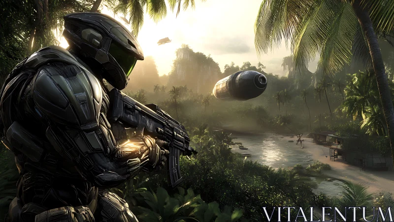 Armored soldier observing tropical river with hovering craft.
