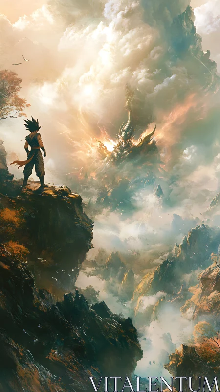 Warrior overlooking draconic storm above fractured canyon