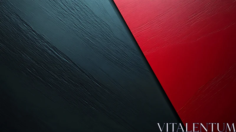 Diagonal red and black textured panels create sharp contrast.