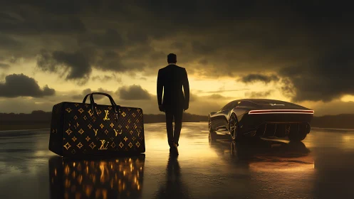 Silhouetted man, luxury bag and supercar under stormy sunset