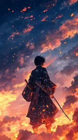 Lone samurai bathed in sunset clouds and quiet embers.