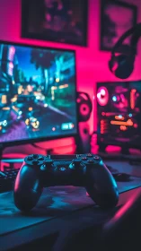Neon-drenched gaming sanctuary with controller at the helm.